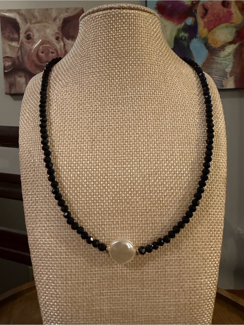 Hand Crafted Black Beaded Necklace with Pearl Center